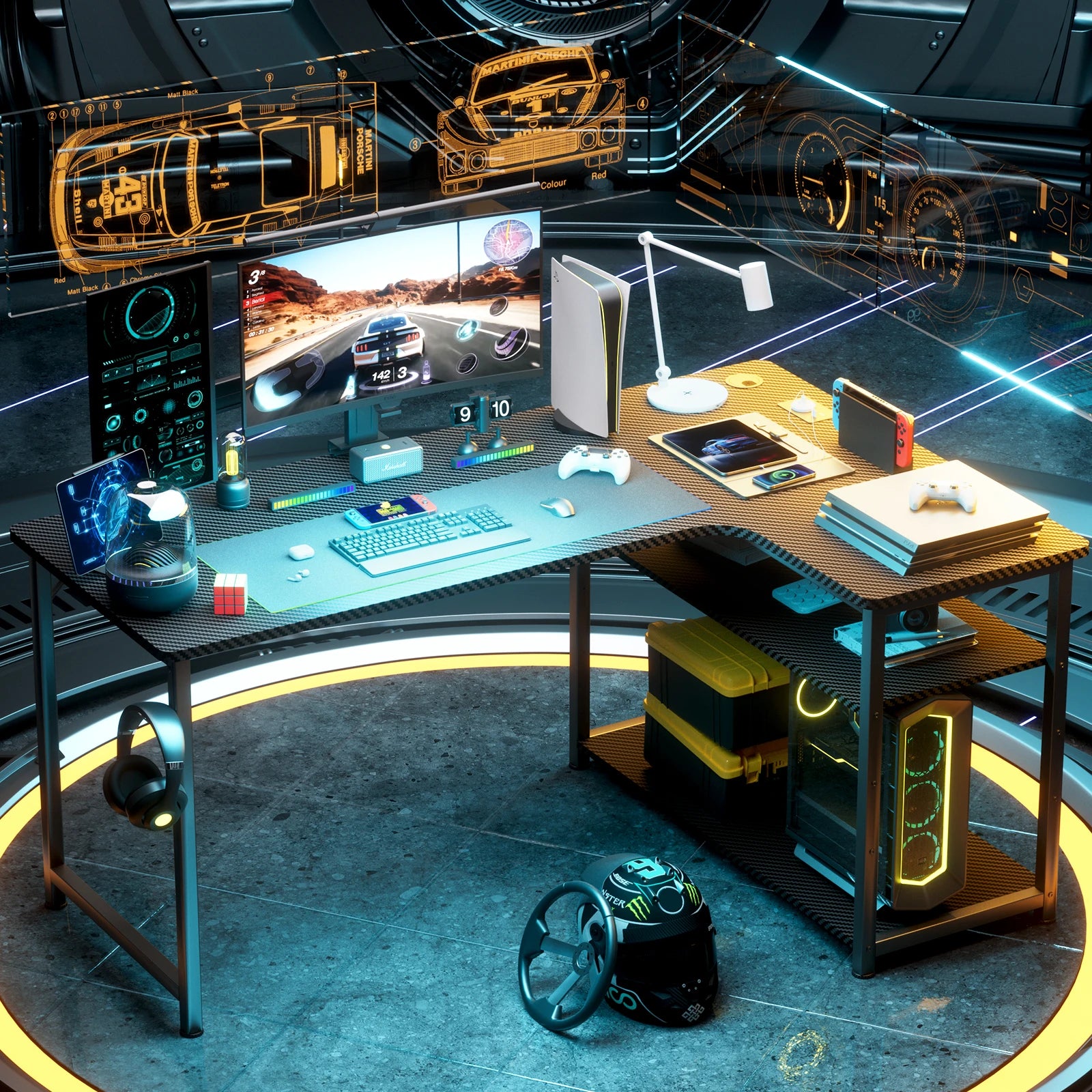 bureau d'angle avec port de charge USB et prise