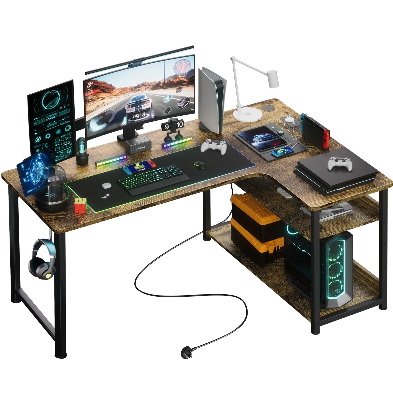 bureau d'angle avec port de charge USB et prise