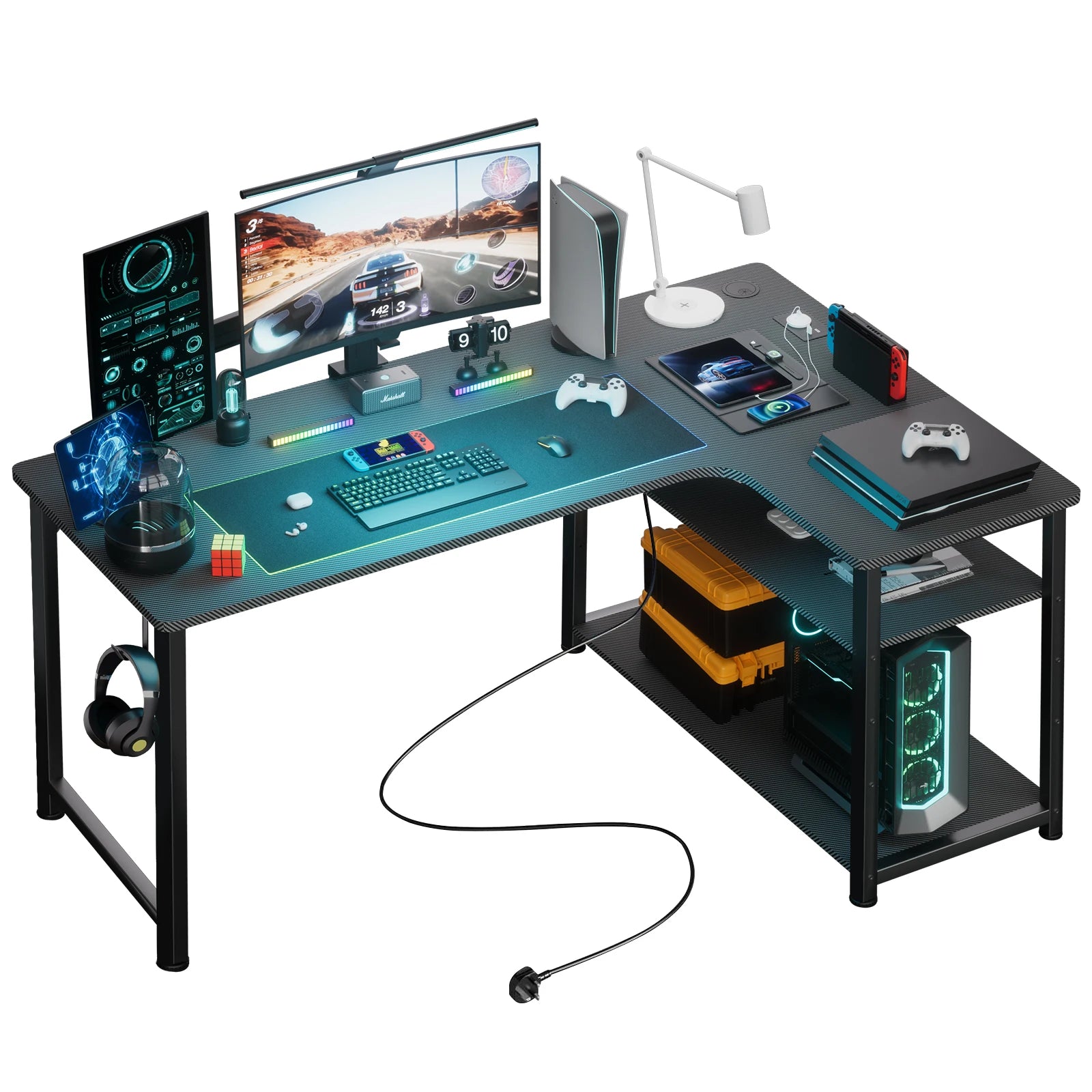 bureau d'angle avec port de charge USB et prise