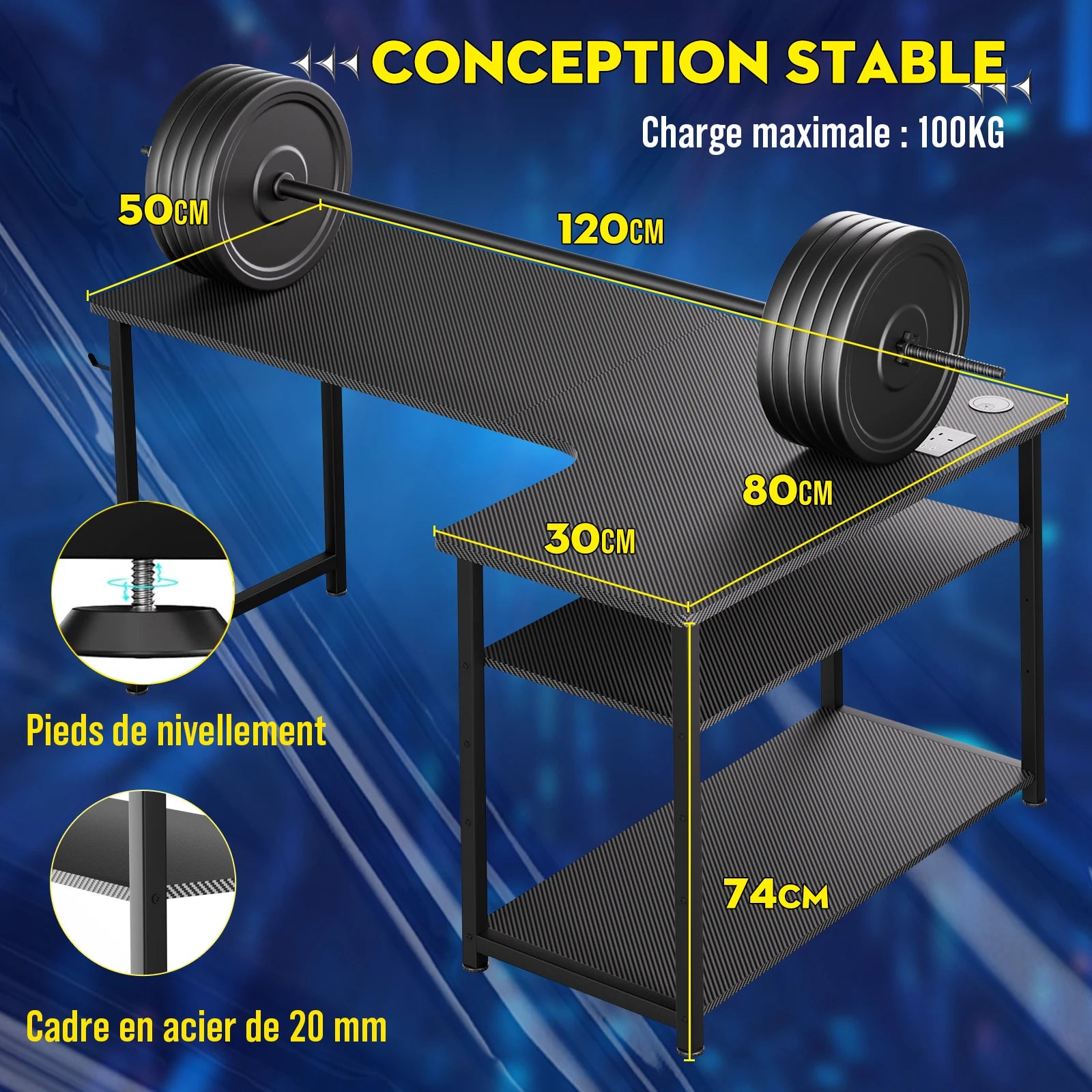 bureau d'angle avec port de charge USB et prise
