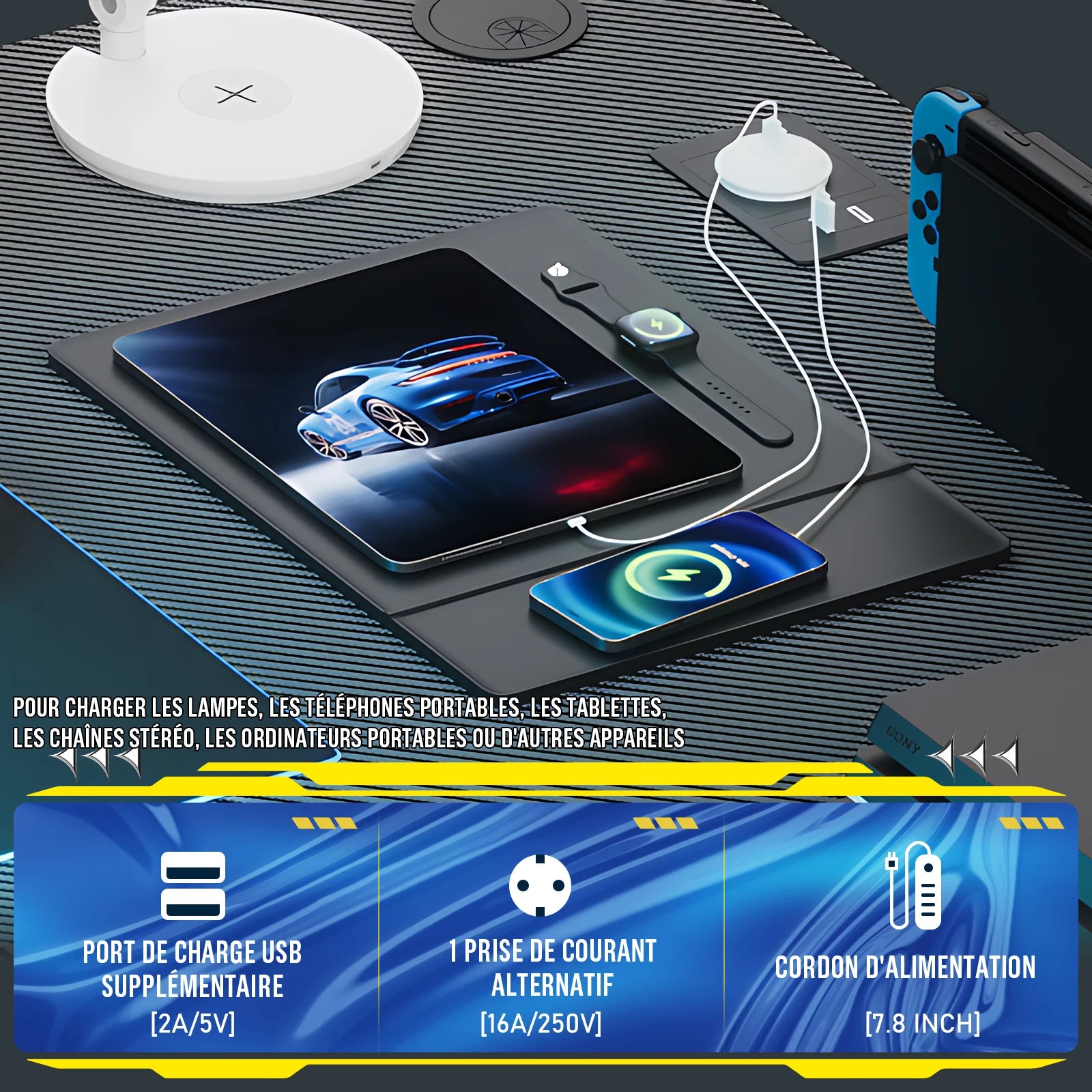 bureau d'angle avec port de charge USB et prise