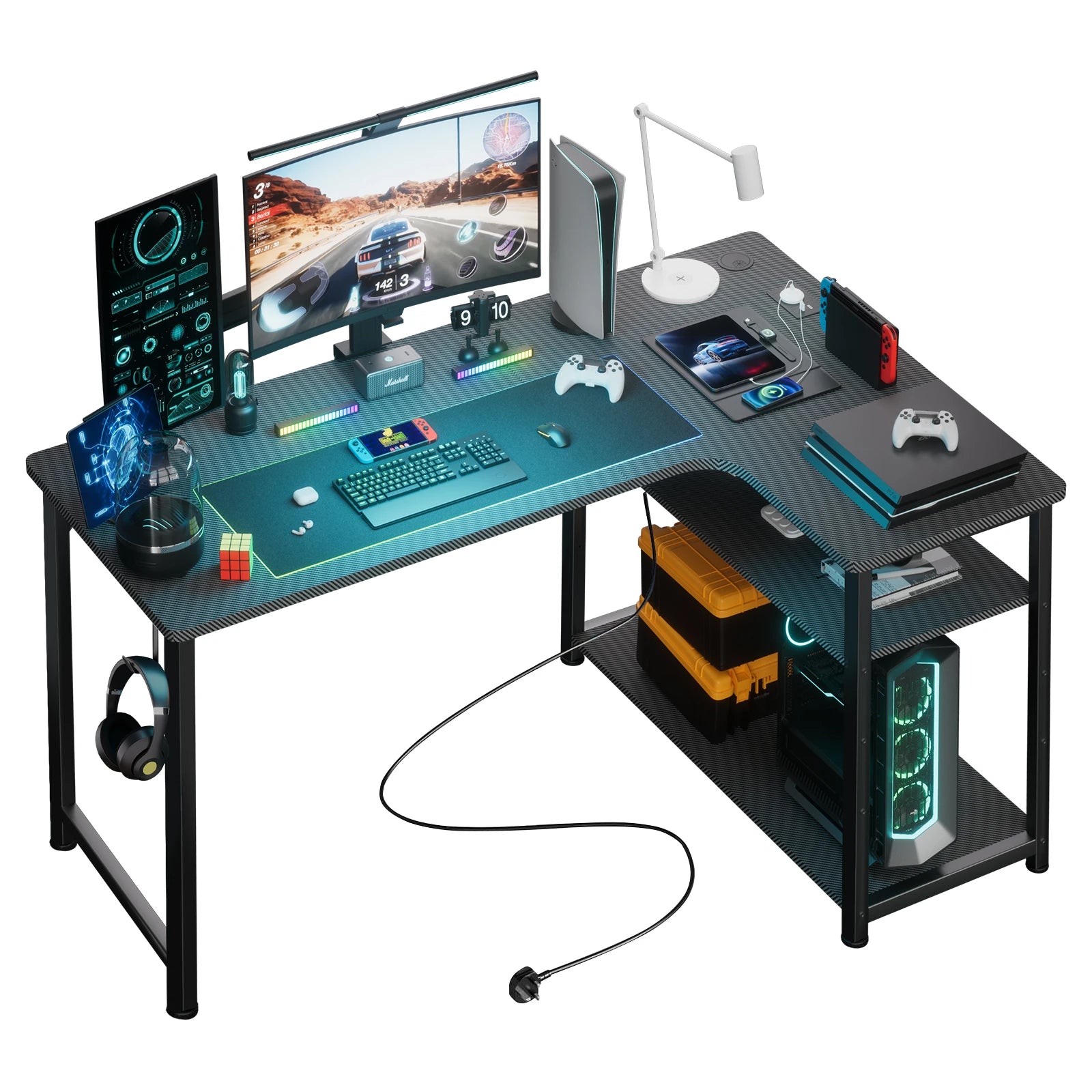 bureau d'angle avec port de charge USB et prise